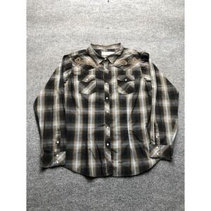 y2k Bit & Bridle Shirt Women 1X Brown Plaid Western Snap Embroidered Long Sleeve